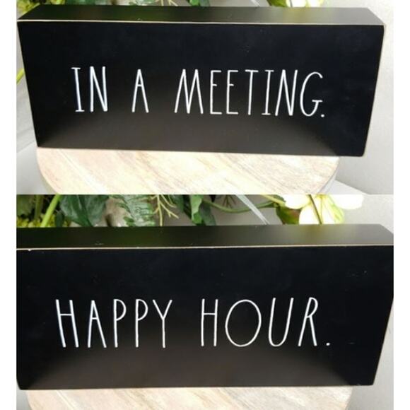Rae Dunn Double Sided Wood Block Sign In a Meeting Happy Hour Black - Picture 1 of 9